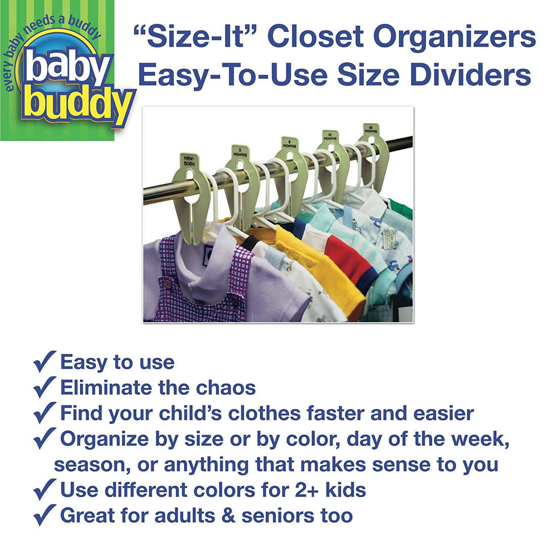 Baby Buddy Closet Organizers, Newborn Essential and Nursery Must Have to Easily Divide Baby Clothes from Newborn to Size 8, White, Set of 5