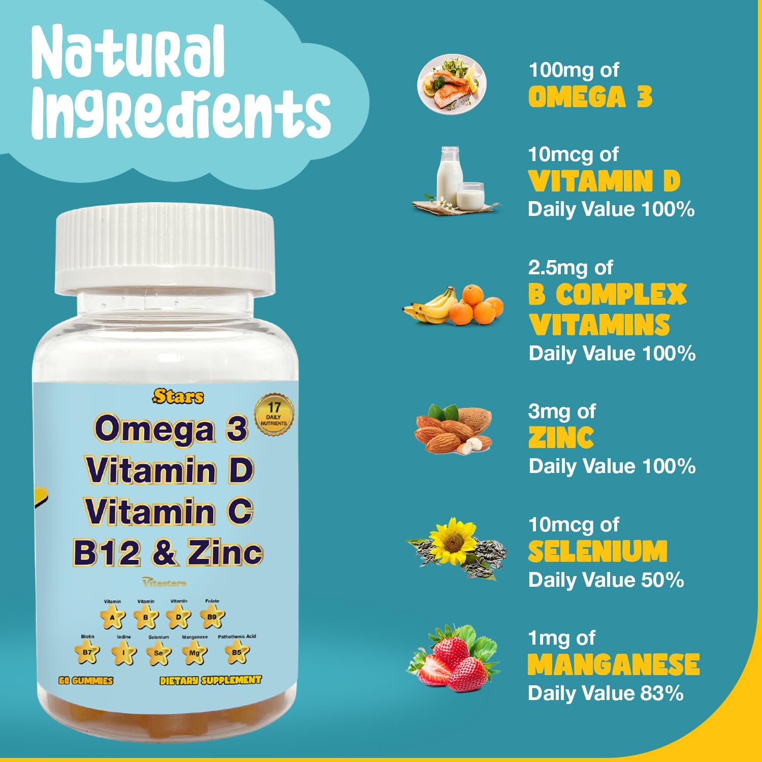 Adult Multivitamin Gummy with Omega 3, Chewable Multivitamin with Selenium, Vitamin A, B, C, D, Biotin, Multivitamin for Women, Multivitamin for Men, 60 Star Shaped Multivitamin Gummies