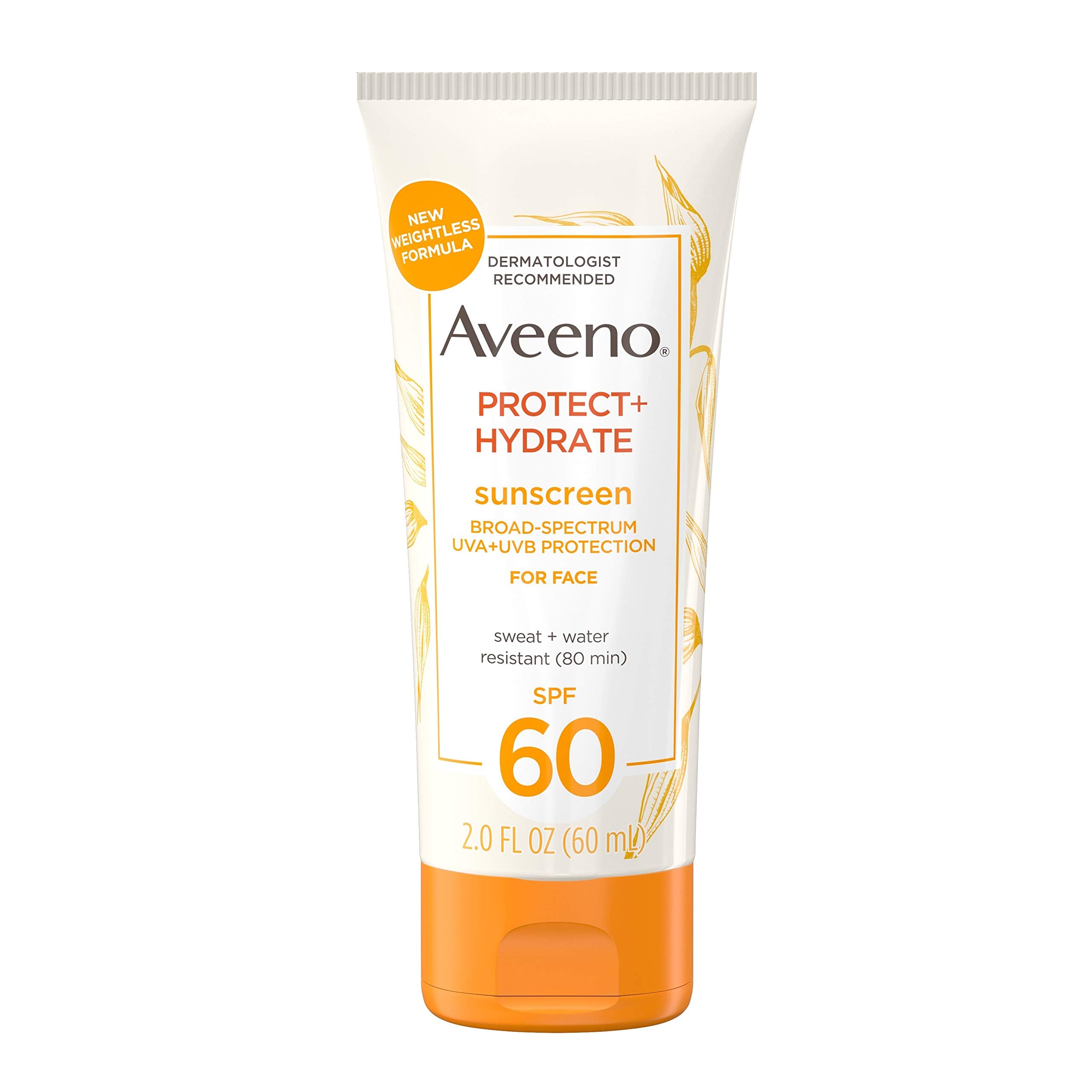 Aveeno Protect + Hydrate Moisturizing Face Sunscreen For Normal Skin Type Lotion With Broad Spectrum Spf 60&Prebiotic Oat,Weightless&Refreshing Feel,Paraben-Free,Oil-Free,Oxybenzone-Free,2.0 Ounces