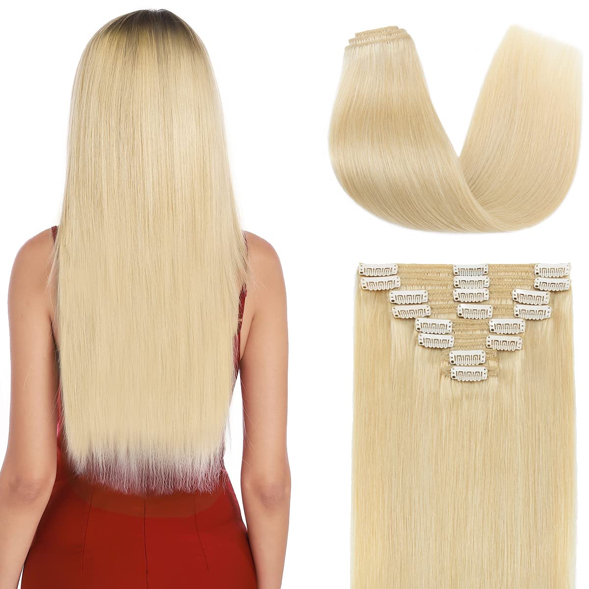 S-noilite Blonde 100% Remy Human Hair Clip in Extensions Double Weft 16Inch Bleach Blonde Straight Soft Grade 7A Quality 8pcs 18 Clips 130g Thick Full Head Brazilian Hair For Women #613