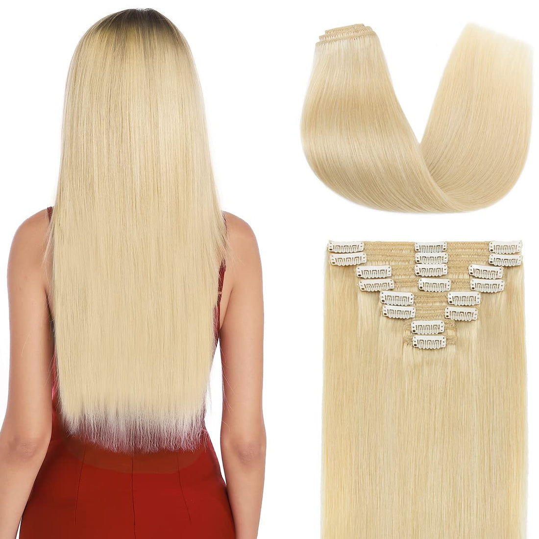 S-noilite Blonde 100% Remy Human Hair Clip in Extensions Double Weft 16Inch Bleach Blonde Straight Soft Grade 7A Quality 8pcs 18 Clips 130g Thick Full Head Brazilian Hair For Women #613