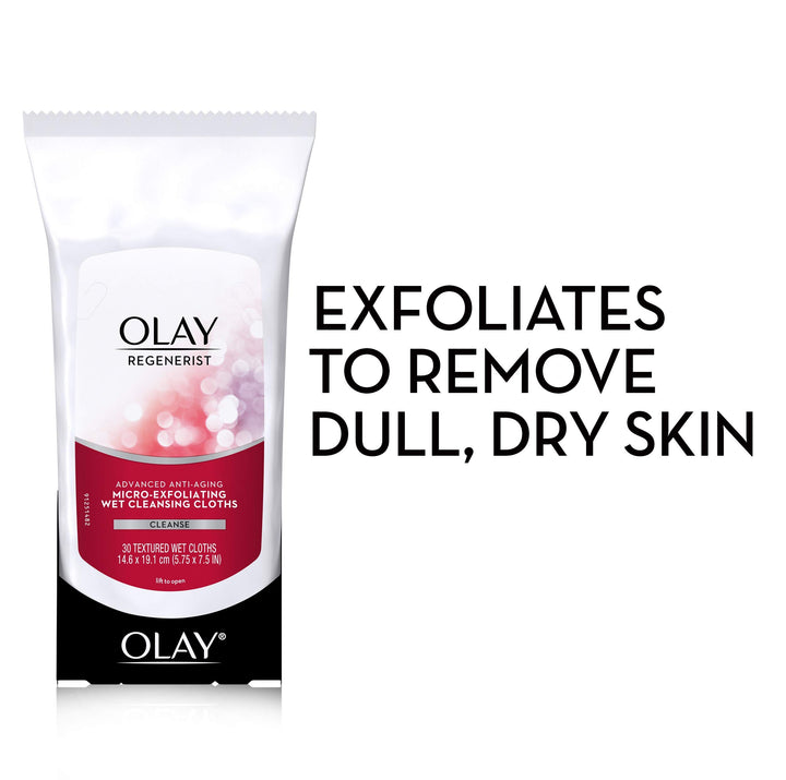 Olay Makeup Remover Wipes, Regenerist Micro-Exfoliating Wet Cleansing Cloths, Facial Cleanser for Women - Exfoliates, Refreshes, Smooths Texture, Travel Approved, 30 ct - 3 Pack