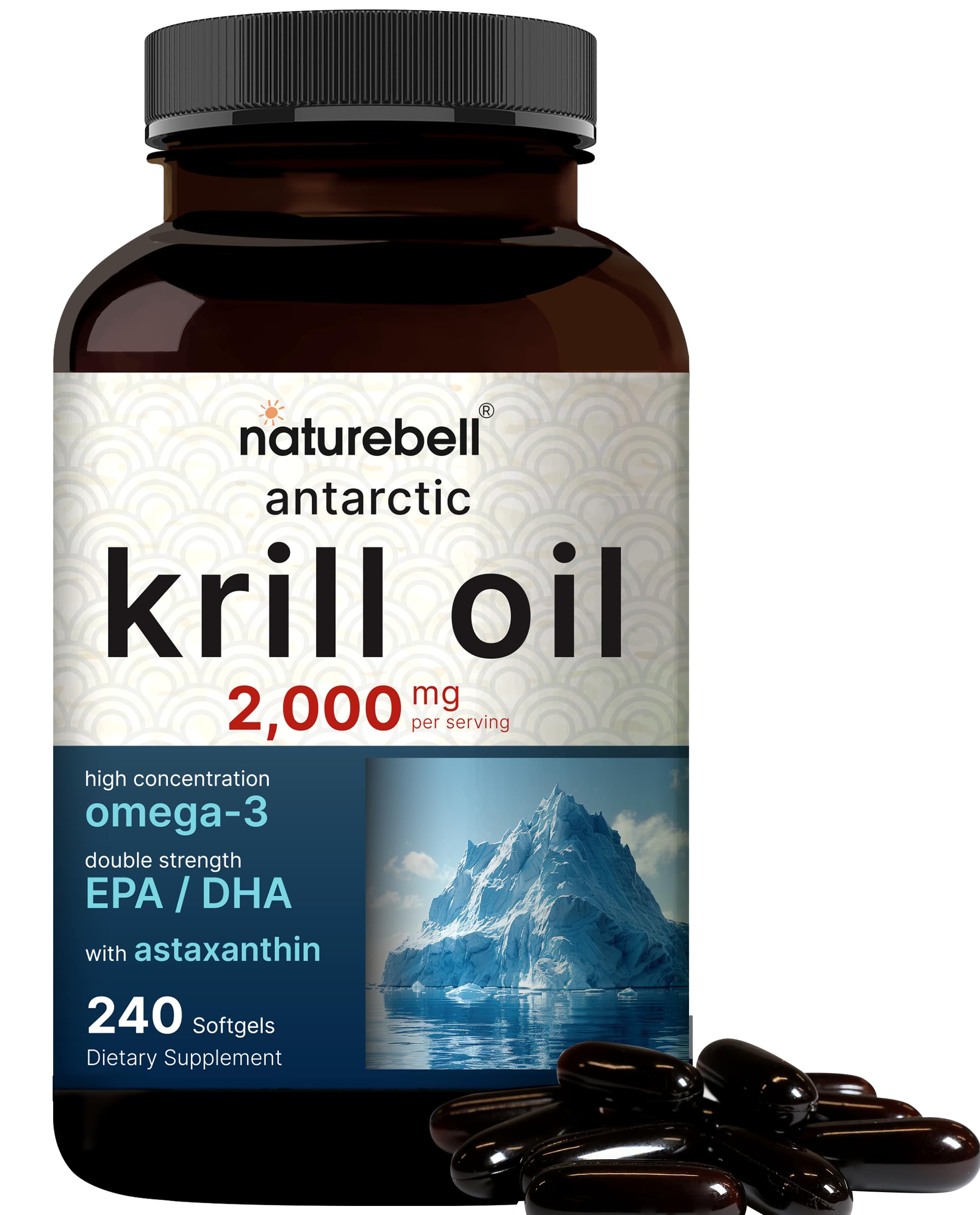 Antarctic Krill Oil 2000mg Supplement, 240 Softgels, 3X Strength Natural Source of Omega-3s, EPA 240mg + DHA 160mg + Astaxanthin 800mcg – No Fishy Aftertaste – Mercury Free & Non-GMO