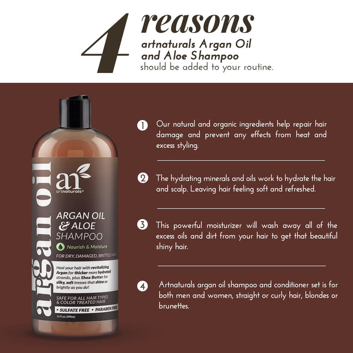 Artnaturals Moroccan Argan Oil Shampoo - (12 Fl Oz / 355ml) - Moisturizing, Volumizing Sulfate Free for Women, Men and Teens - Used for Colored and All Hair Types, Anti-Aging Care