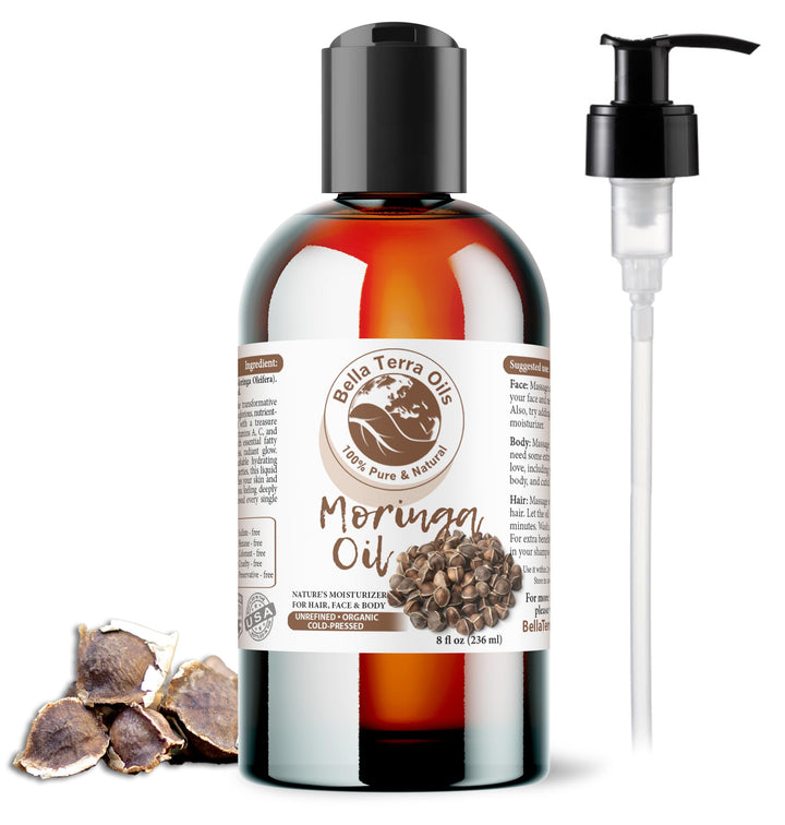Bella Terra Oils - Organic Moringa Seed Oil 8 oz - A Symphony of Nutrients & Fatty Acids, Elevating Beauty Rituals with Natural Nourishment