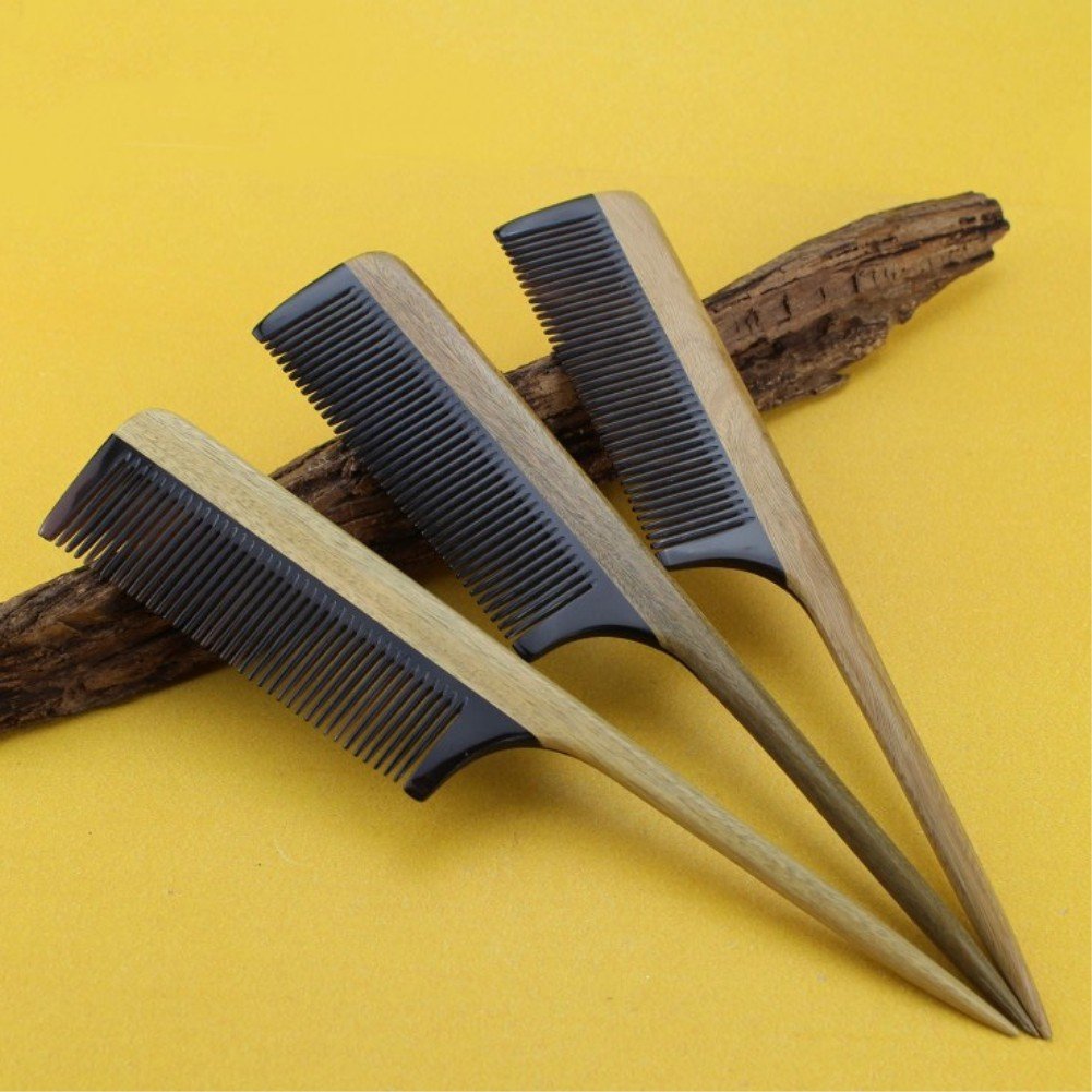 Aguder Sandalwood Wood Comb No Static Handmade Wide Tooth Comb and Fine Tooth Teasing Tail Comb Natural Buffalo Horn Teeth Comb Wooden Comb Set
