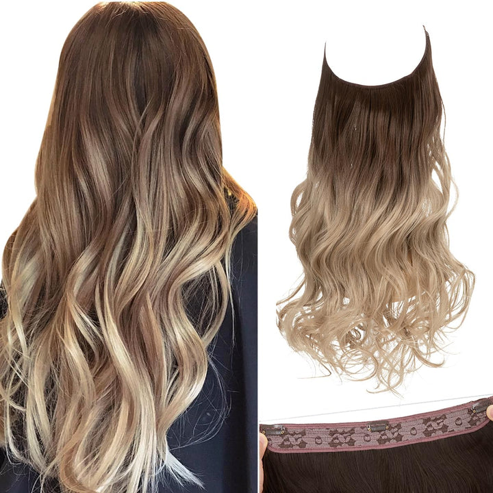 SARLA Ombre Invisible Wire Hair Extensions with 3 Clips Long Synthetic Wavy Curly Hairpiece Adjustable Transparent Headband for Women 18 Inch Brown to Ash Blonde