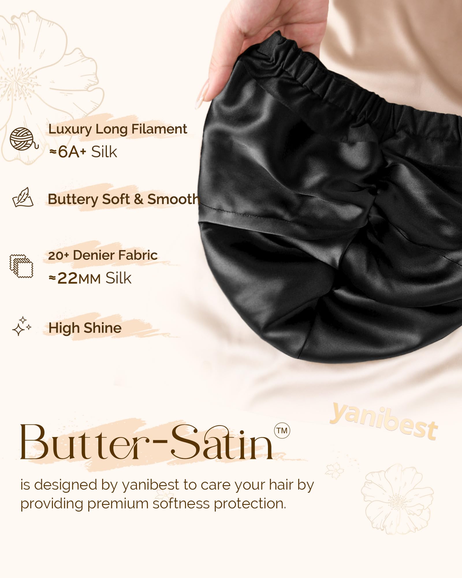 YANIBEST Satin Lined Hair Bonnet for Sleeping, Silk Turban, Hair Wrap Chemo Headwear for Women Natural Curly Hair, Black