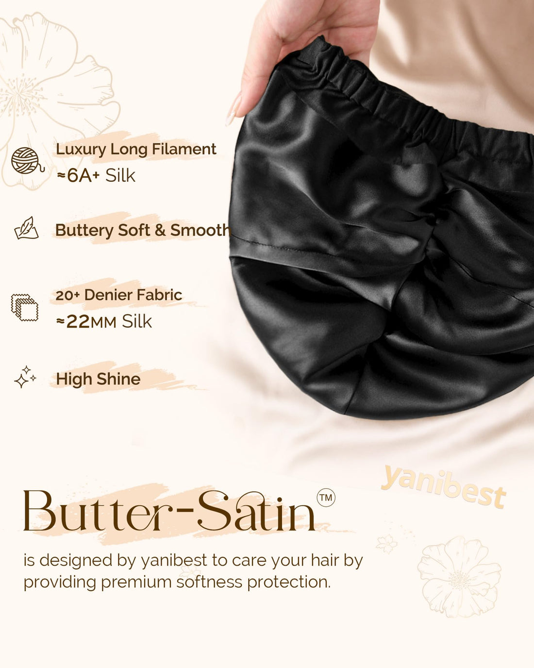 YANIBEST Satin Lined Hair Bonnet for Sleeping, Silk Turban, Hair Wrap Chemo Headwear for Women Natural Curly Hair, Black