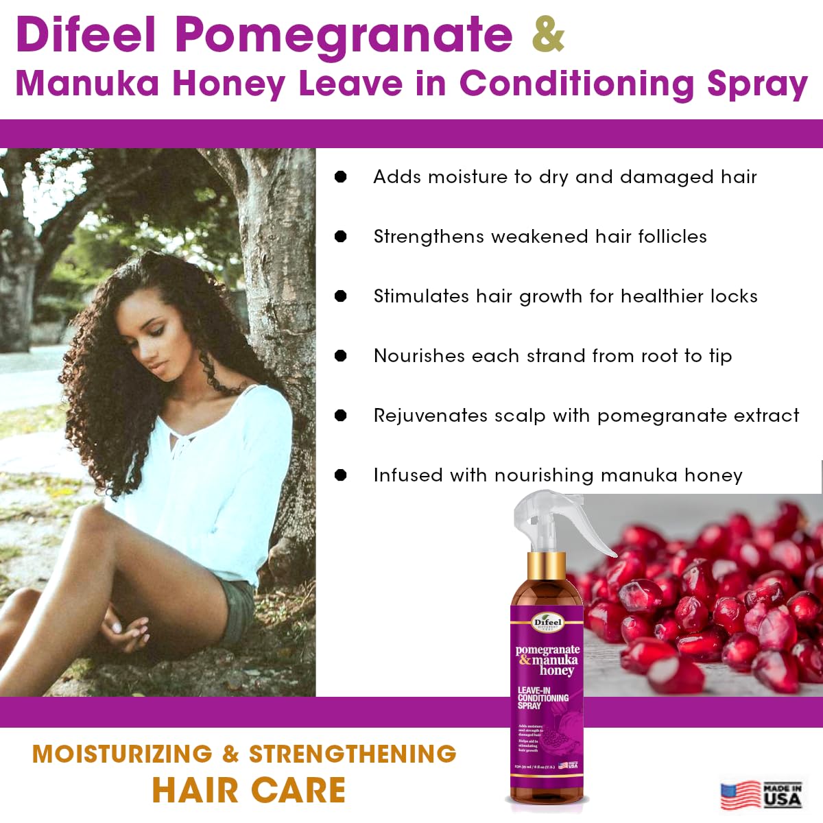Difeel Pomegranate & Manuka Honey Leave-in Conditioning Spray 8 oz. - Leave in Conditioner for Dry, Damaged Hair, Strengthens, Adds Moisture and Stimulates Growth