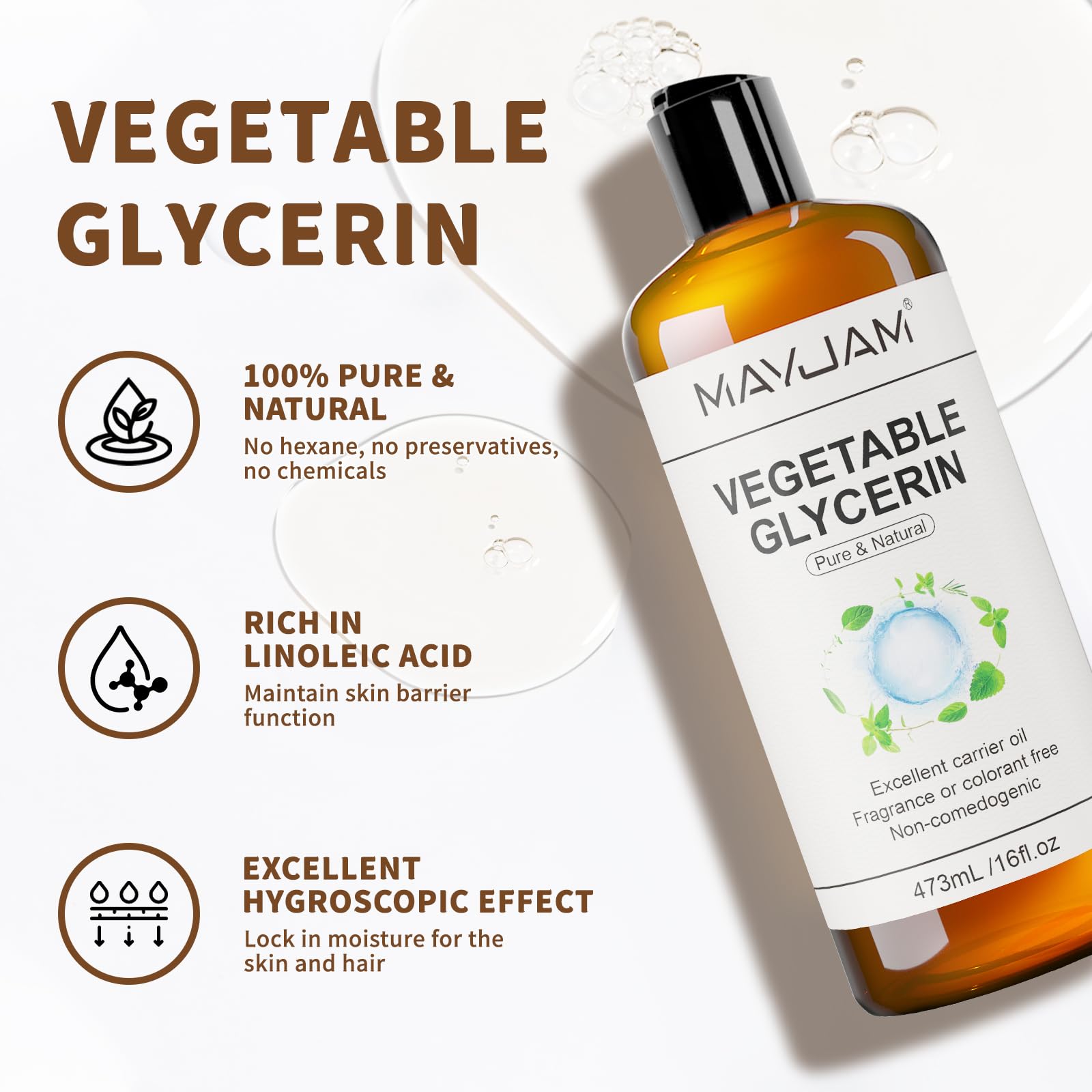 MAYJAM Pure Vegetable Glycerin for Skin,Crafts,Face,Hair Large 16 oz No Palm Oil Natural liquid Glycerine Makeup Remover Body Oils Massage Oil Deeply Moisturizing and Hair Benefits,DIY Beauty Products