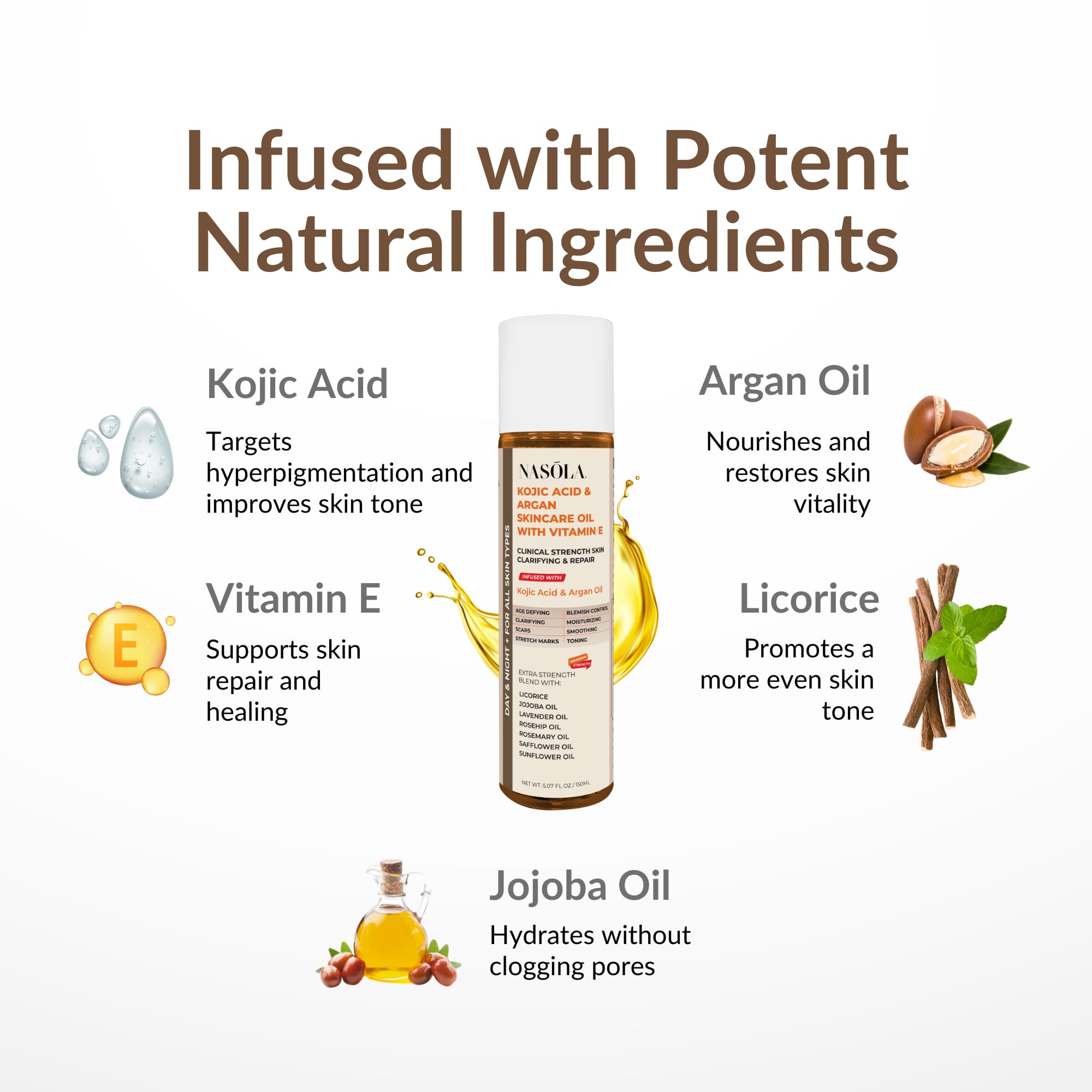 Nasola Kojic Acid Argan Skincare Bio Pure Oil with Vitamin E Face & Body Moisturizer Serum for Scars & Stretch Marks