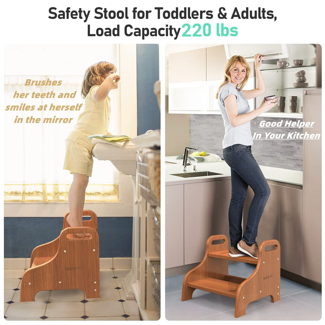DORPU Wooden Step Stool for Adults Kids, Super Sturdy Non-Slip Stepping Stool, Holds 270lbs, Portable Toddler 2 Step Stool, Bamboo Wood Kids Stool for Bathroom, Potty Training, Kitchen (Brown)