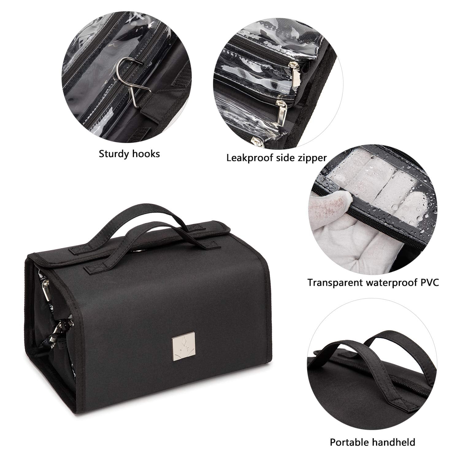 ROYALFAIR Hanging Toiletry Bag with Durable Hook Roll-Up Make Up Organizer and Travel Bag - 4 Removable Cosmetic Bags Suit for Men or Women (Black)