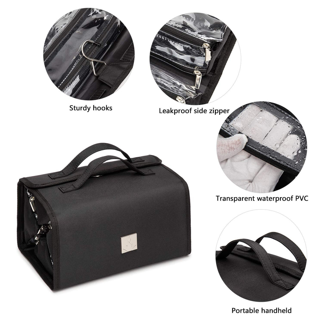 ROYALFAIR Hanging Toiletry Bag with Durable Hook Roll-Up Make Up Organizer and Travel Bag - 4 Removable Cosmetic Bags Suit for Men or Women (Black)