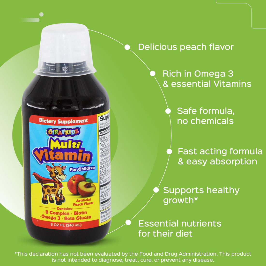 GirafKids Multivitamin Syrup for Children, 8oz | Daily Multivitamin for Kids Ages +4 with Omega-3, Beta Glucan & Folic Acid for Energy and Growth | Delicious Peach Flavor | Liquid Dietary Supplement