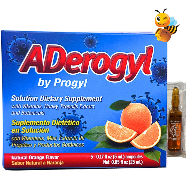Aderogyl Oral Vitamins with A, C, D, E, Zinc, Bee Honey, Propolis, and Botanical Extracts - Natural Orange Flavor - 5 Ampoules (0.85 fl oz / 25 ml) Immune Support