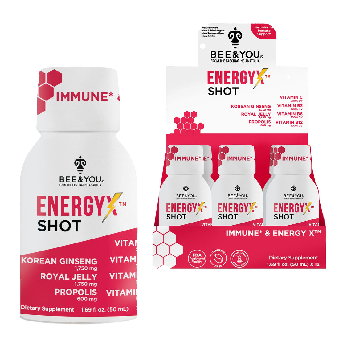 Bee and You Energy X Shot, 12 Pack, Korean Red Ginseng, Royal Jelly, Propolis, Caffeine Free Energy Drink, Vitamin C, B3, B6, B12, Immune Support Supplement, Antioxidants, Pomegranate Flavor
