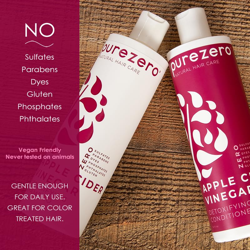 Purezero Apple Cider Vinegar Shampoo & Conditioner Set - Detox Scalp & Hair - pH balanced -Increase Hydration - Zero Sulfates, Parabens, Dyes - 100% Vegan & Cruelty Free - Great For Color Treated Hair
