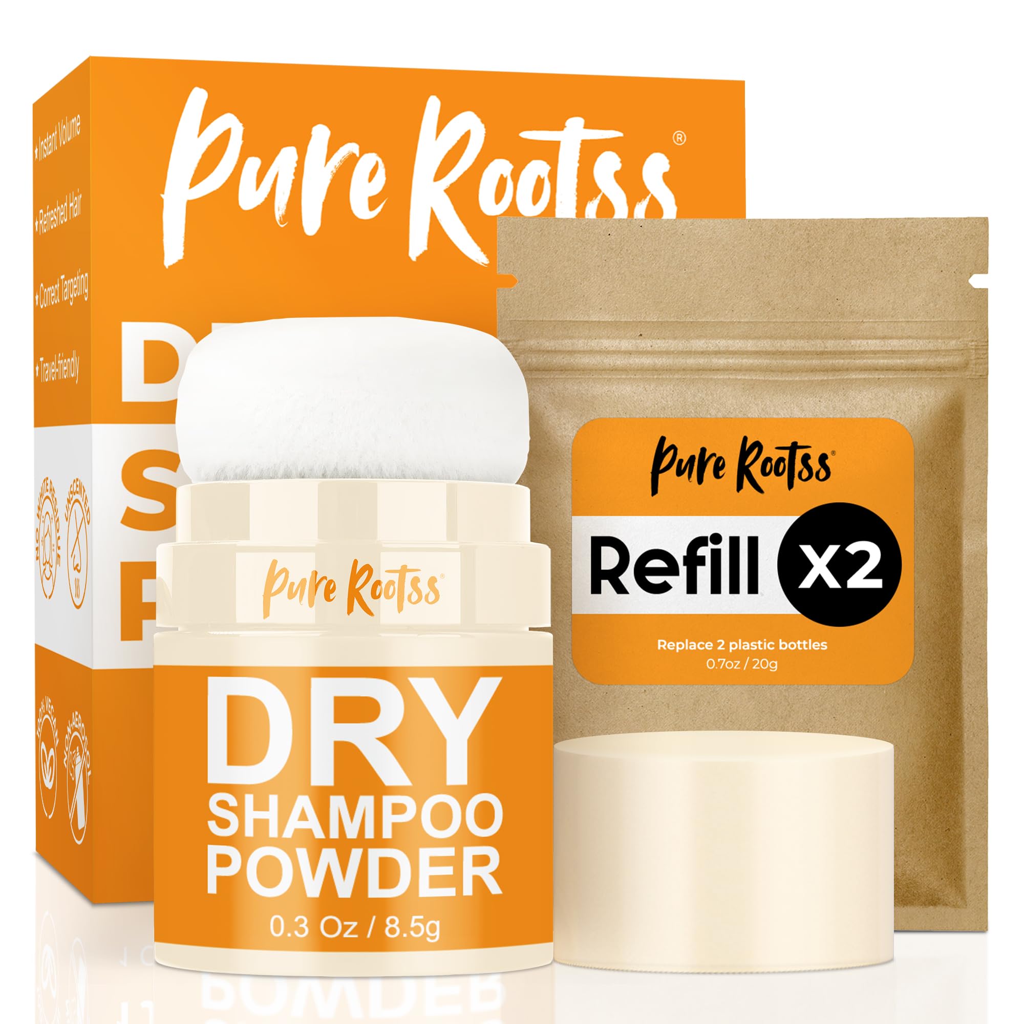 PureRootss Dry Shampoo Powder and Refill X2, Unscented, Non Aerosol, For Dark and Blonde Hair, Hair Volumizing, Mattifying Root, Travel Hair Styling Powder & Fuller Looking Refreshing
