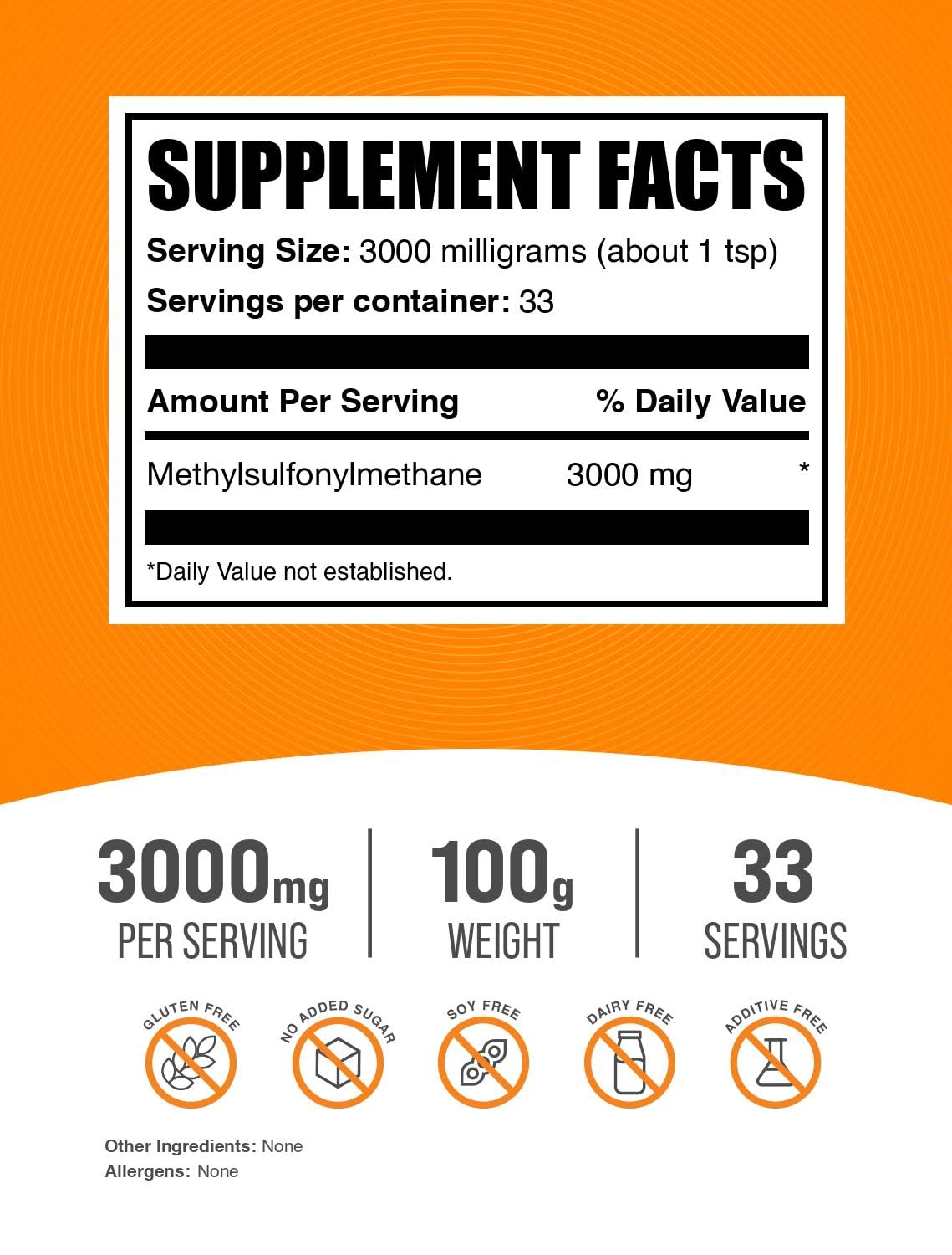 BulkSupplements.com MSM Powder - Methylsulfonylmethane, MSM Supplement - MSM Pure Powder, MSM 3000mg - for Joint Health, Gluten Free, 3000mg per Serving, 100g (3.5 oz) (Pack of 1)