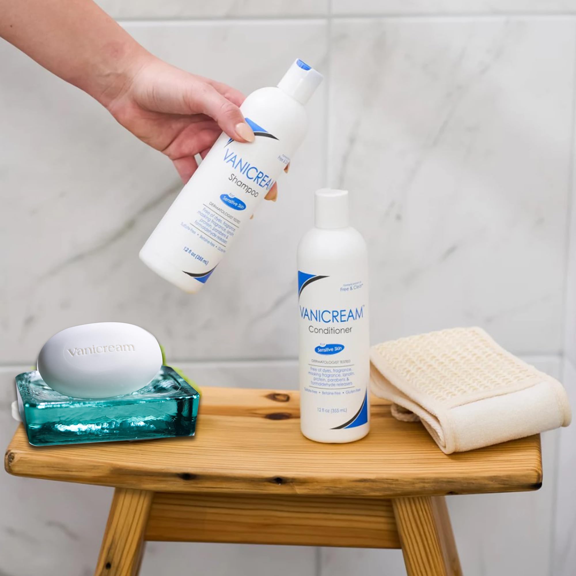 Vanicream Bundle Kit includes Vanicream Cleansing Bar (3.9 oz), Vanicream Shampoo (12 fl oz), and Vanicream Conditioner (12 fl oz)—a complete gentle skincare and haircare solution for sensitive skin.