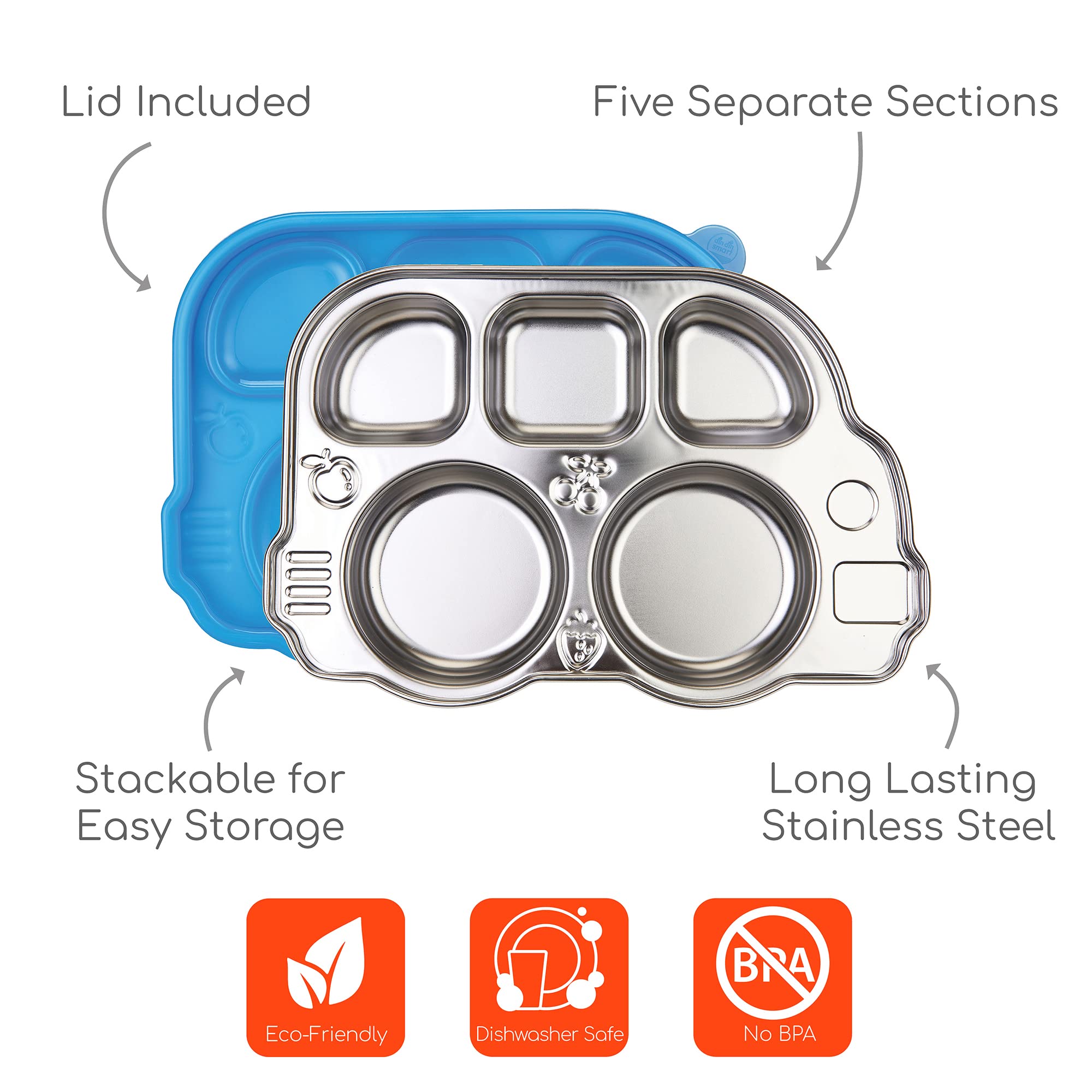 Innobaby Stainless Bus Plate with Sectional Lid, The Original, Leak-Resistant Divided Platter, Mom Invented Fun Shape Plate Din Din Smart for Babies, Toddlers and Kids, BPA Free, Blue, 2 Pack