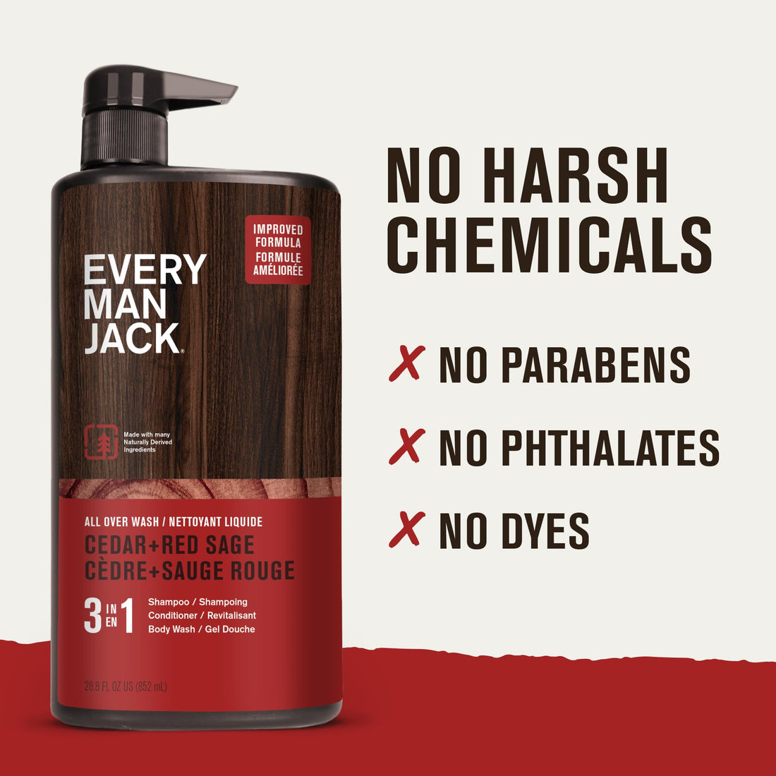 Every Man Jack Cedar + Red Sage Hydrating Mens 3-in-1 All Over Wash for All Skin and Hair Types - Body Wash, Shampoo and Conditioner with Naturally Derived Ingredients - 28.8oz (2 Pack)