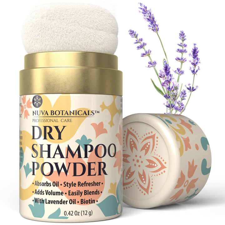 Nuva Botanicals Non Aerosol Dry Shampoo Powder with Biotin - Lavender Extract and Korean Ginseng - Volumizing Travel Size (0.42 oz)