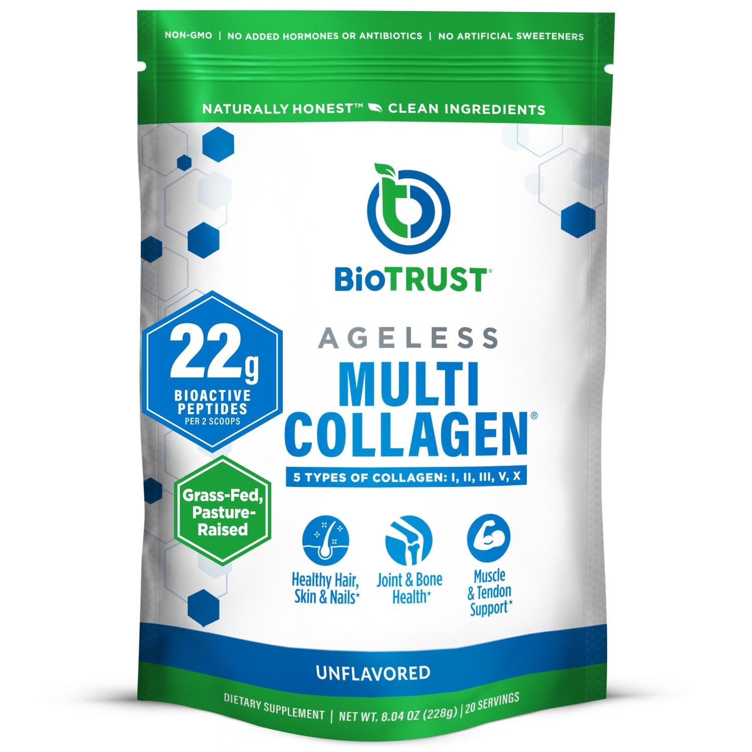 BioTrust Ageless Multi Collagen Peptides Powder – 5 Types (I, II, III, V, X) – Unflavored Collagen Powder for Women & Men – Hydrolyzed Protein – Grass Fed Beef, Fish, Chicken, Eggshell Membrane