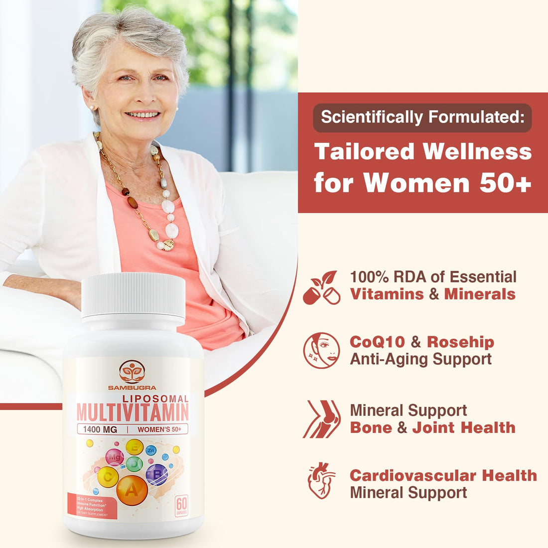 Liposomal Multivitamin for Women 50+ - Women Daily Multivitamin with 32 Ingredients, CoQ10, Vitamins C, B, D, E for Cardiovascular & Bone Health Support - Iron-Free (60 Capsules)