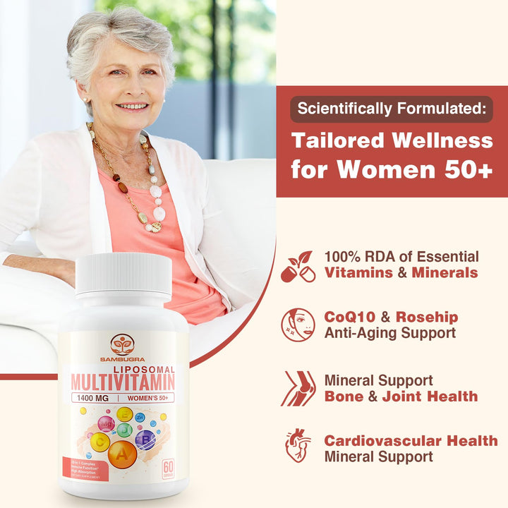 Liposomal Multivitamin for Women 50+ - Women Daily Multivitamin with 32 Ingredients, CoQ10, Vitamins C, B, D, E for Cardiovascular & Bone Health Support - Iron-Free (60 Capsules)