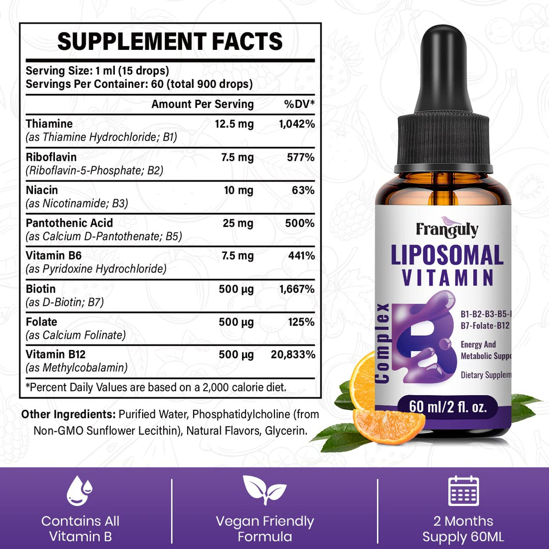 Liposomal Vitamin B Complex Liquid Sublingual B Complex Vitamins Supplement for Women Men Improved Absorption Methylated B12,B1, B2, B3, B5, B6,Folate,Biotin for Energy And Immune Support-2.0 oz