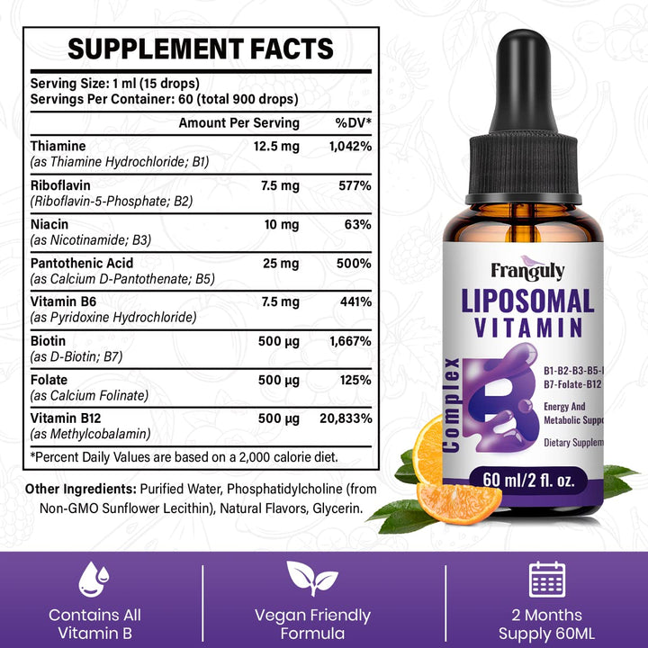 Liposomal Vitamin B Complex Liquid Sublingual B Complex Vitamins Supplement for Women Men Improved Absorption Methylated B12,B1, B2, B3, B5, B6,Folate,Biotin for Energy And Immune Support-2.0 oz