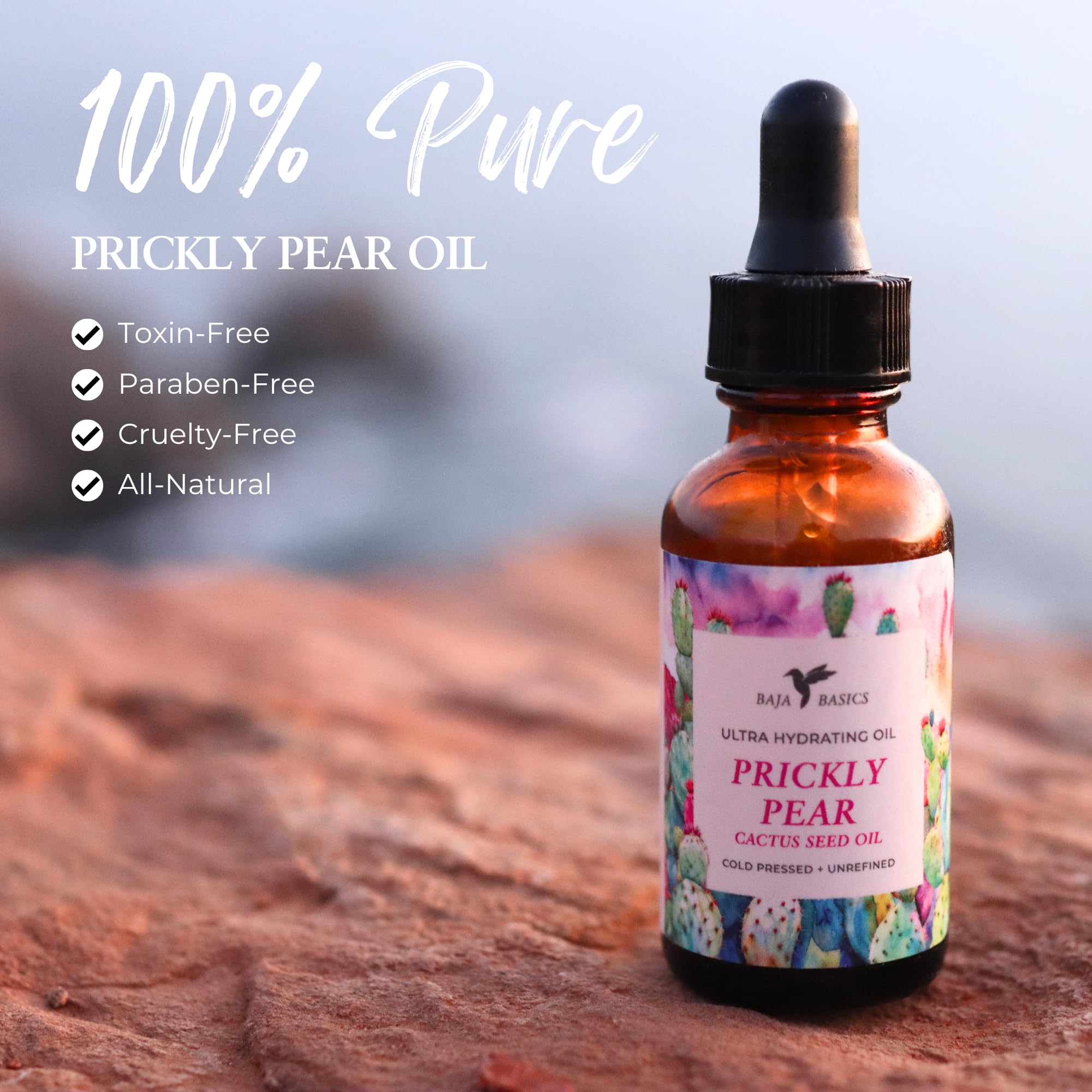 Baja Basics Prickly Pear Oil Cold Pressed, 100% Pure, Unrefined Moisturizer for Skin, Face, Body, Nails and Hair - Multi-Purpose Beauty Product For Men and Women - 1 oz Bottle