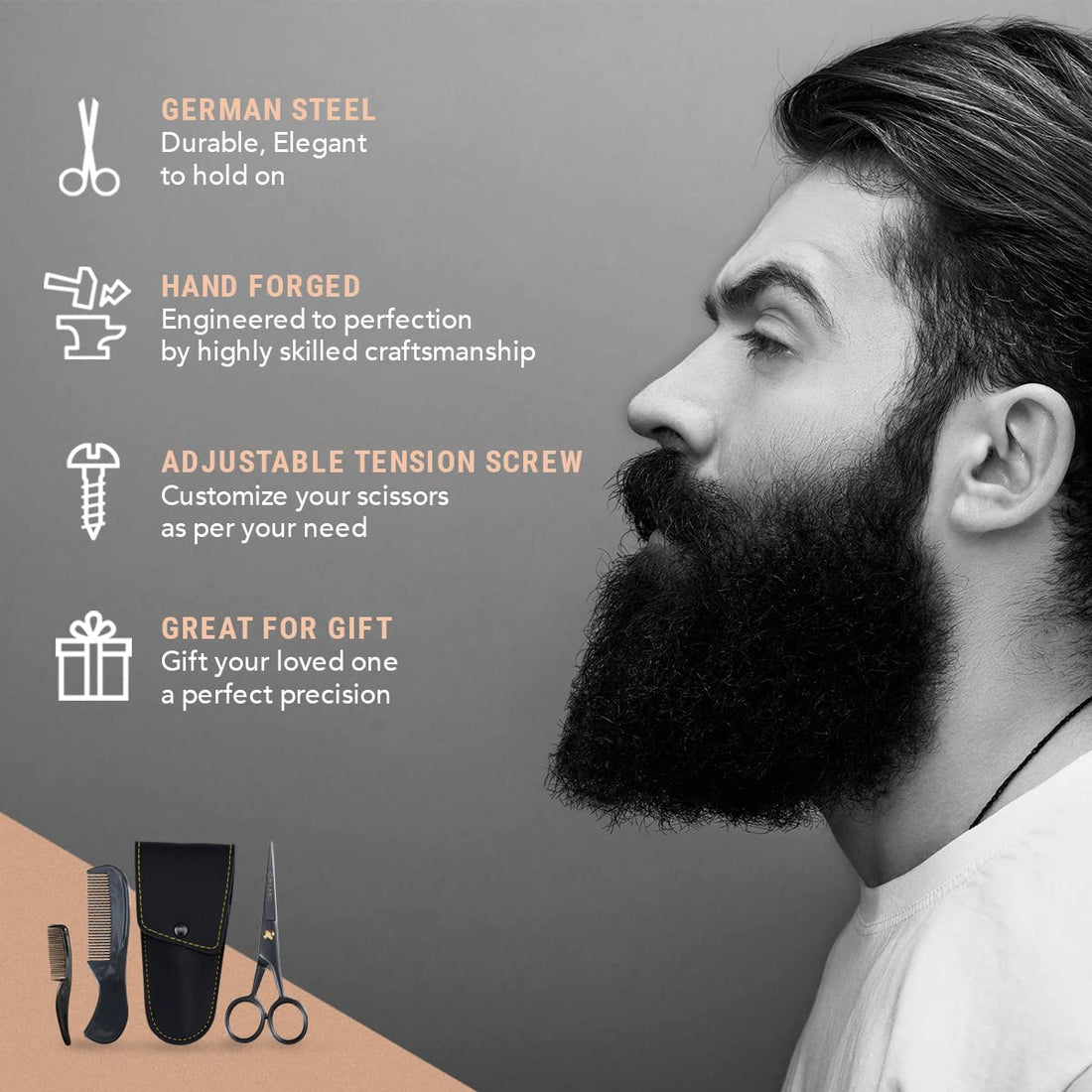 Ontaki 5 Professional German Beard & Mustache Scissors with 2 Comb & Carrying Pouch for Men - Bevel Edge for Precision - Facial Hair Grooming Kit All Body Hair - Black - Beard Trimming Scissors