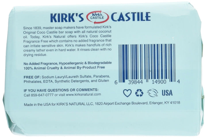 Kirk's Coco Castile Soap, Fragrance Free (5 Pack)