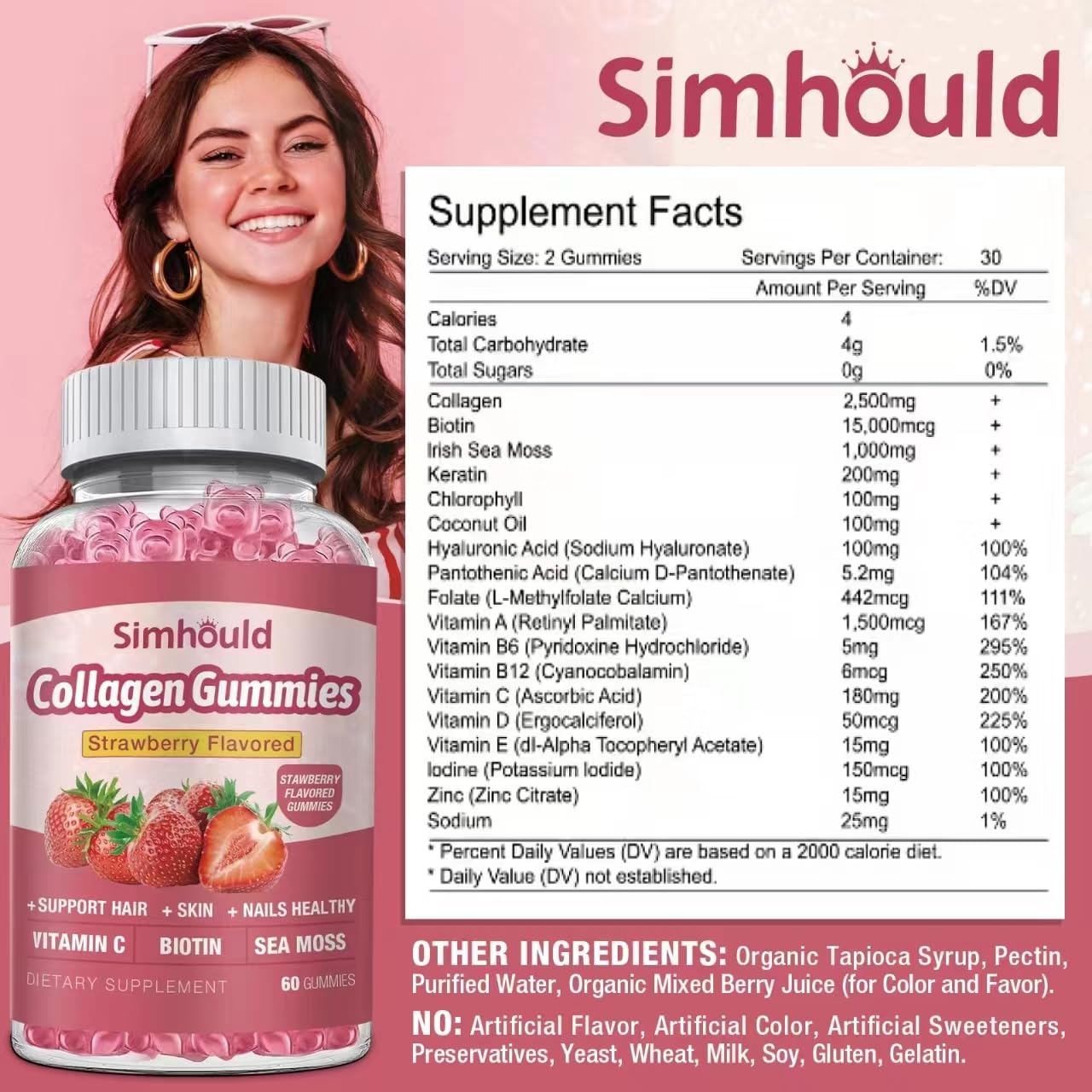 Simhould 2 Packs Vegan 2500Mg Collagen Gummies for Women Anti Aging, Skin, Hair Nails, Collagen Types 1 and 3, Biotin, Sea Moss for Men - Sugar Free, Non-GMO, 120 Counts Collagen Supplements Gummies