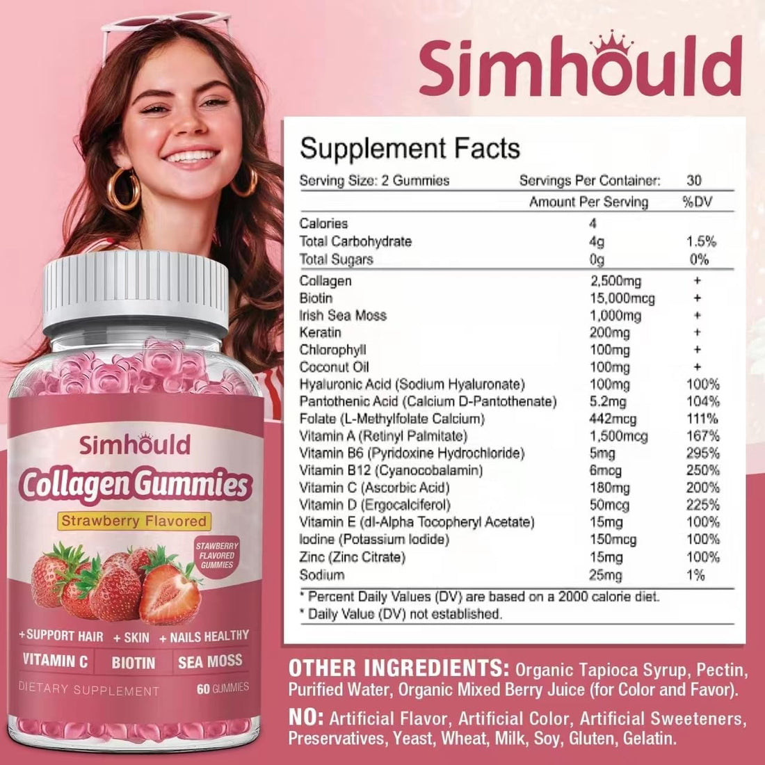 Simhould 2 Packs Vegan 2500Mg Collagen Gummies for Women Anti Aging, Skin, Hair Nails, Collagen Types 1 and 3, Biotin, Sea Moss for Men - Sugar Free, Non-GMO, 120 Counts Collagen Supplements Gummies