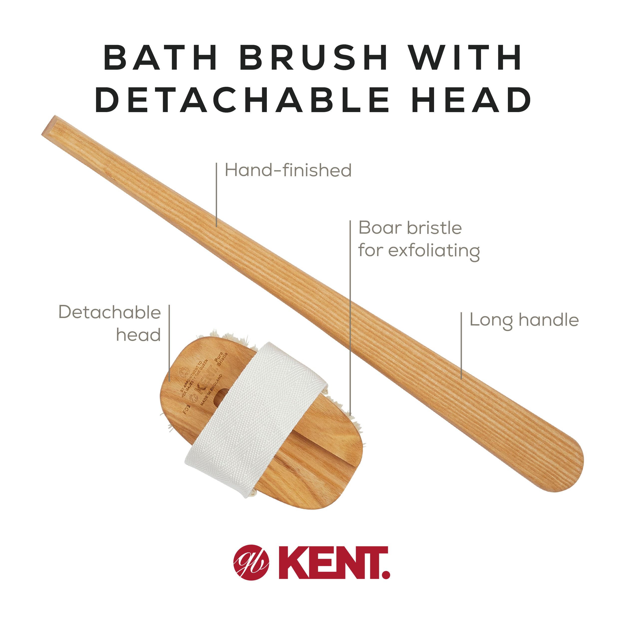 Kent FD3 Pure Beechwood Natural Bristle Detachable Head Bath & Body Brush