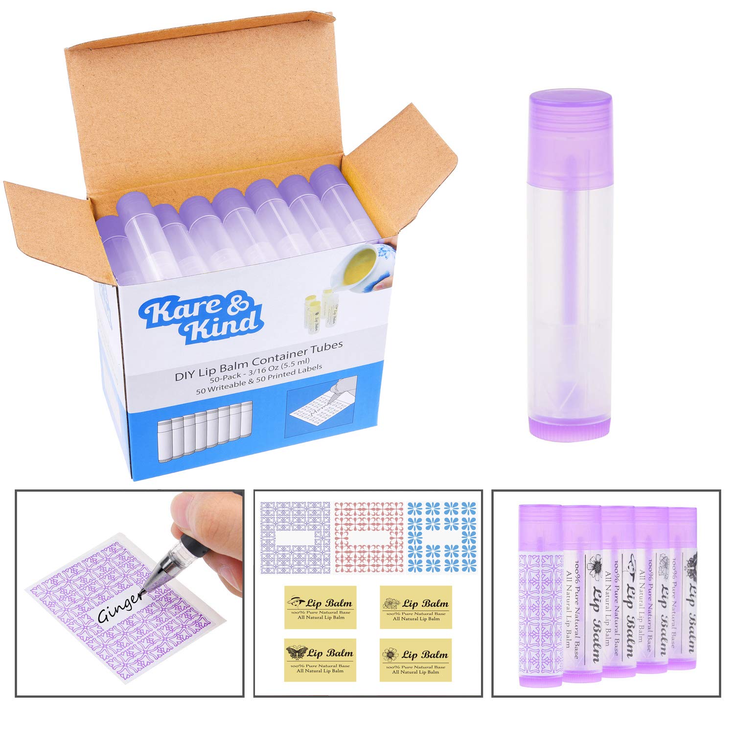 Lip Balm Container Tubes - 50-Pack - DIY - Purple - 3/16 Oz (5.5 ml) - Including 50 Writeable (Purple) & 50 Printed Lip Balm Stickers - Twist Mechanism and a Cap - Empty - Make Natural Lip Balm