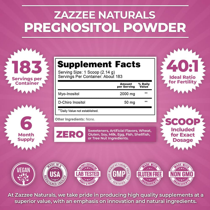 Zazzee PREGNOSITOL Powder, 230 Servings, Ideal 40:1 Ratio, Includes Free Scoop for Exact Dosage, Premium Myo-Inositol, D-Chiro-Inositol and Folic Acid Blend, Vegan, Non-GMO and All Natural