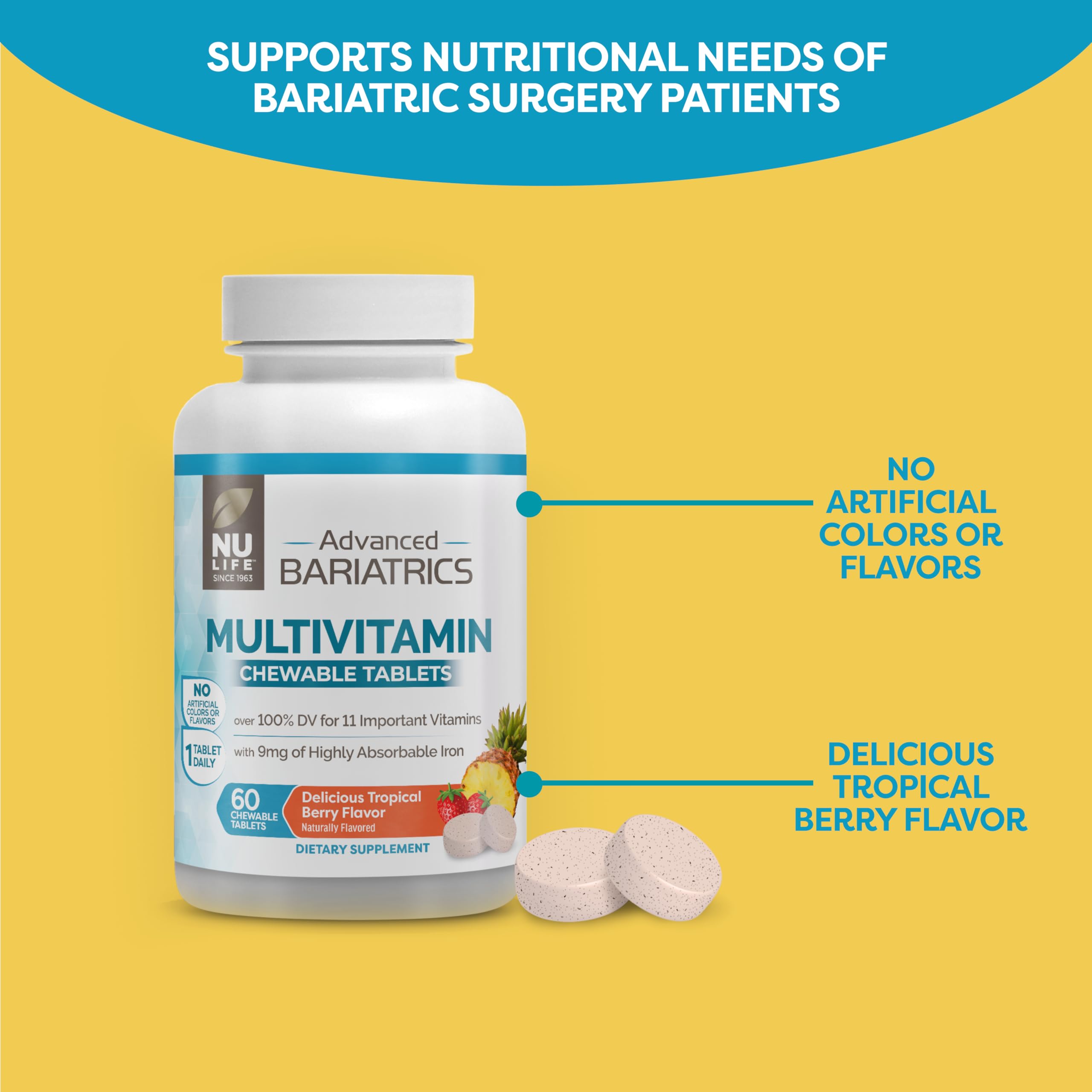 NU LIFE Advanced Bariatrics Multivitamin Chewable Tablets, Bariatric Mulivitamin with Iron - Tropical Berry (60 Chewable Tablets) (Packaging May Vary)