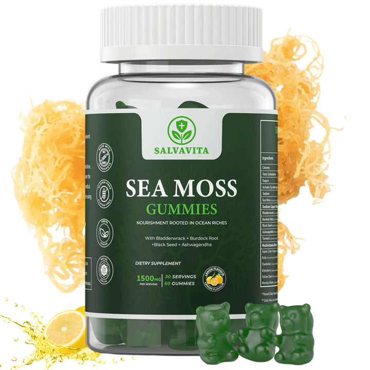 SALVAVITA Sea Moss Gummies – Powerful 1500mg Serving | Infused with Bladderwrack, Burdock Root, Black Seed & Ashwagandha | Organic Sea Moss | Lemon Flavor - 60 Gummies