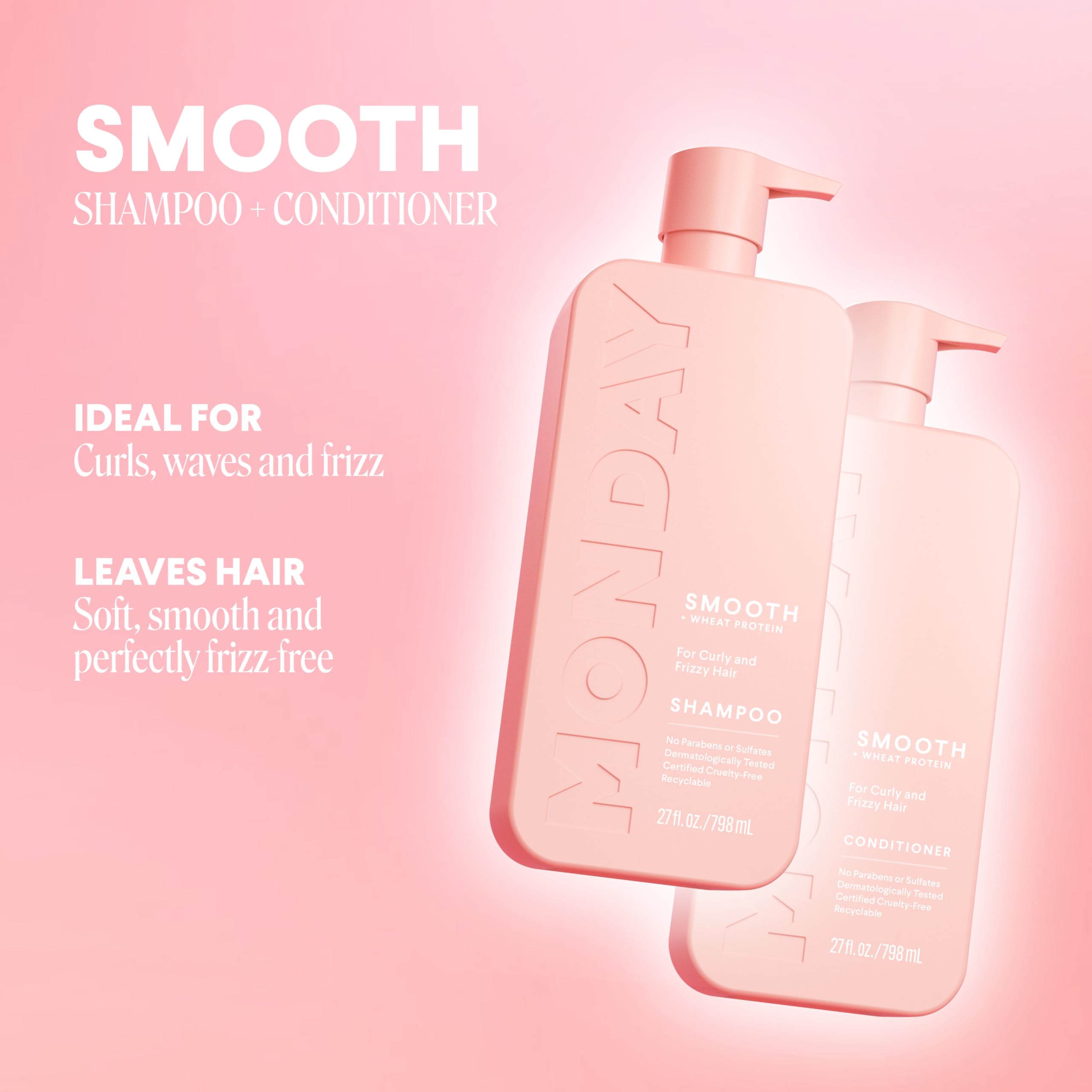 MONDAY HAIRCARE Smooth Shampoo + Conditioner Bathroom Set (2 Pack) 27oz Each for Frizzy, Coarse, and Curly Hair, Made from Coconut Oil, Shea Butter, & Vitamin E, 100% Recyclable Bottles