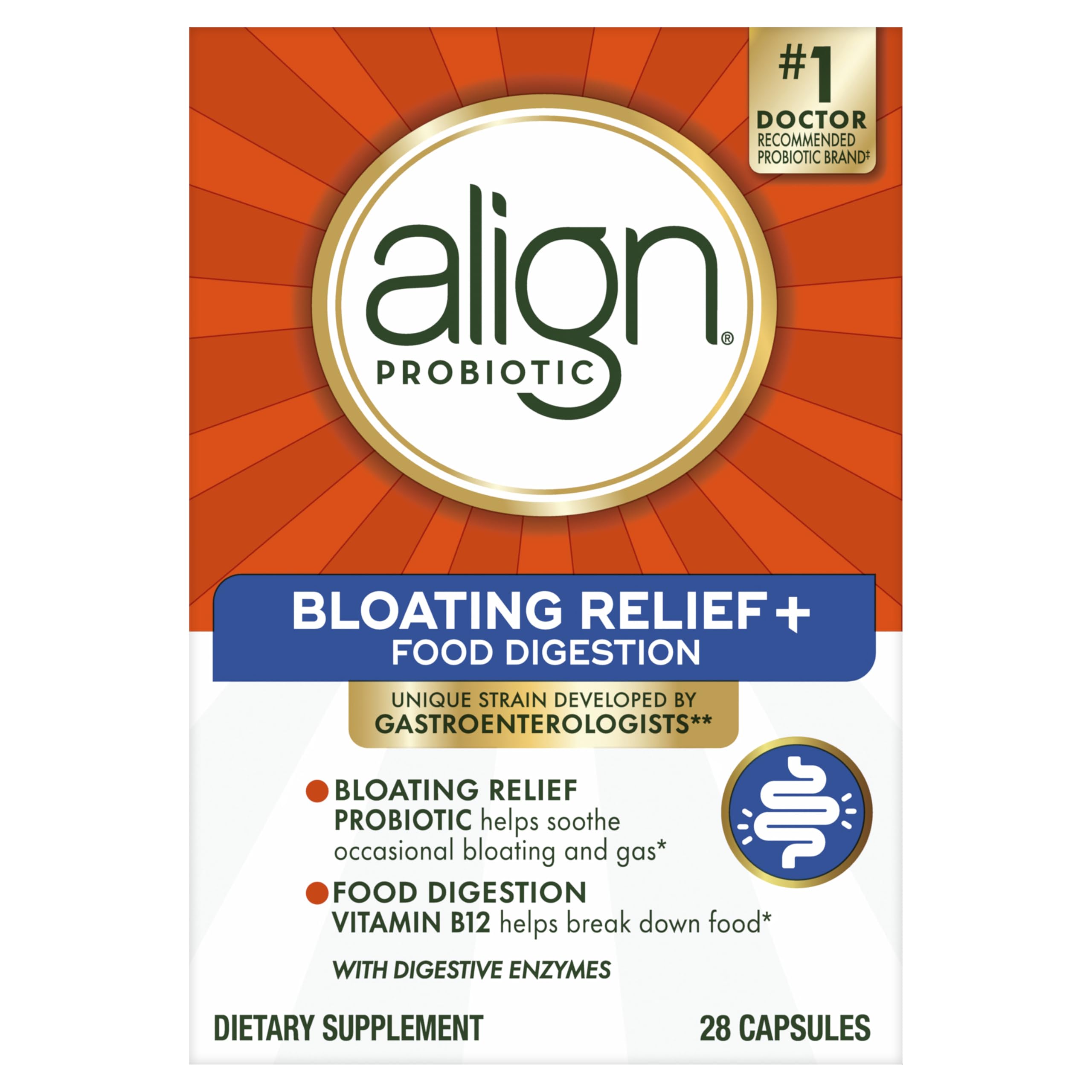 Align Probiotic Bloating Relief + Food Digestion, Probiotics for Women and Men, Promotes Digestive Health and Helps Support the Metabolism of Food*, 28 Capsules (Packaging May Vary)