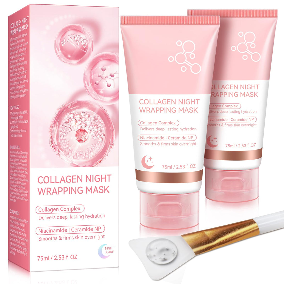Collagen Night Wrapping Mask 2PACK, Overnight Peel Off Face Mask Wrapping, Collagen Face Mask with Brush, Hydrates Tightens Skin, Reduces Sagging, Elasticity & Hydration Care, 75ML*2