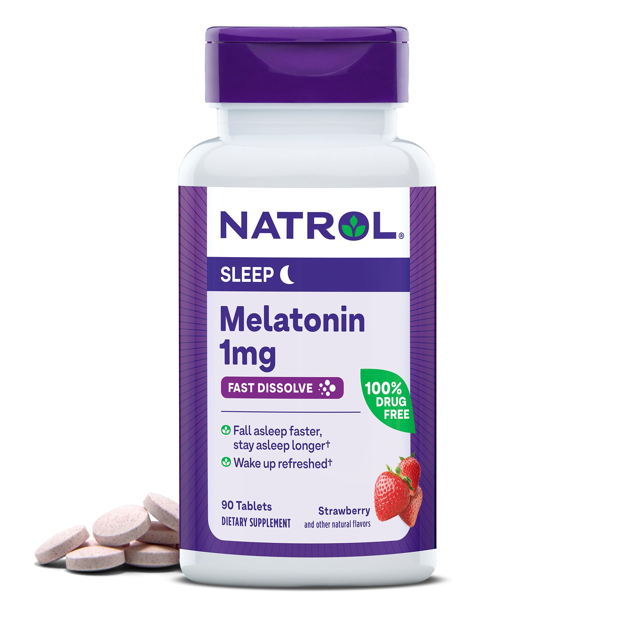 Natrol Fast Dissolve Melatonin 1 mg, Melatonin Supplements for Restful Sleep, Sleep Support for Adults, 90 Strawberry-Flavored Tablets, Up to a 90 Day Supply