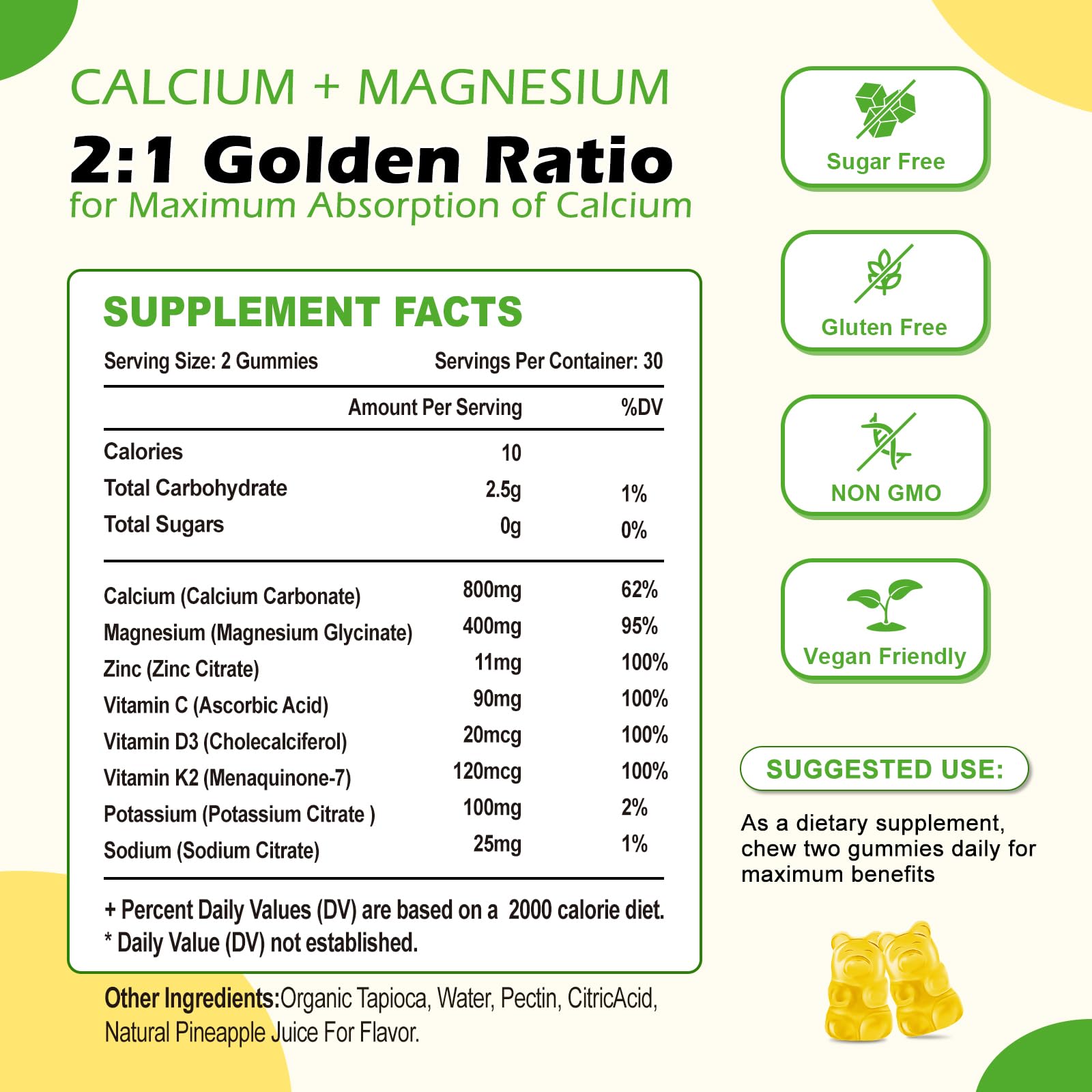 High Absorption Calcium Gummies, Sugar Free Calcium Magnesium Gummies with Vitamin D3 for Men and Women, Pineapple Flavor 120 Cts