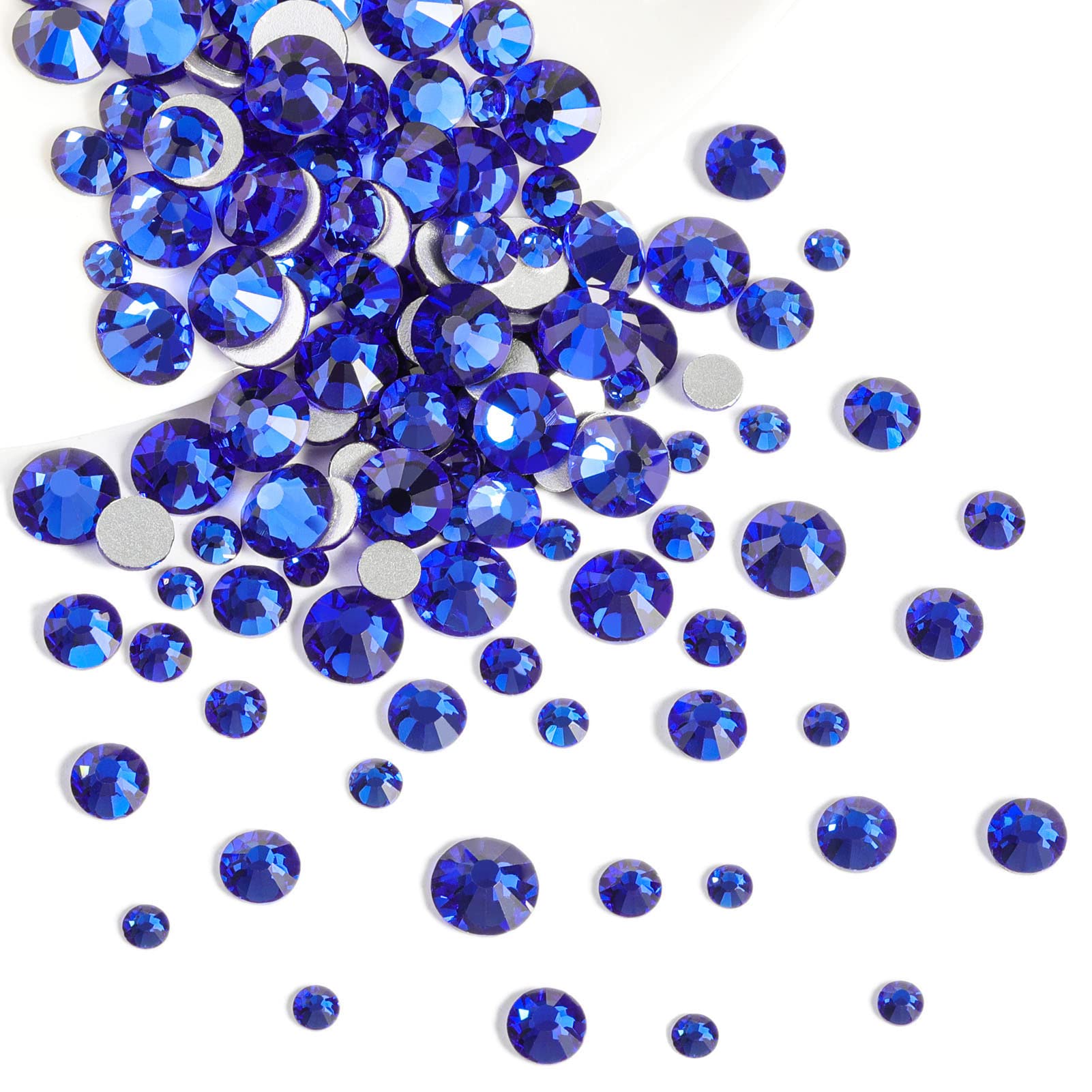 Beadsland 2500pcs Blue Rhinestones, Flatback Gems Round Crystal Rhinestones for Crafts Mixed 8 Sizes SS4~SS30 with Picking Tweezer and Pen (Sapphire)